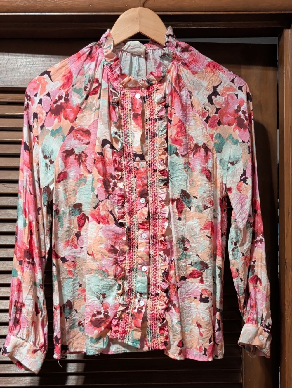 Easy Clothes Floral Ruffle Button-Down Blouse - Pink Multi